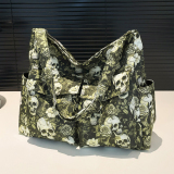 Gothic Skull Floral Print Faux Leather Handbag Edgy Medium Size Tote Bag for Casual Statement Streetwear