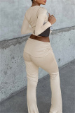 Beige Square Neck Long Sleeve Ruched Crop Top and High Waist Flared Pants Casual Streetwear Outfit Slim Fit Two Piece Trouser Set