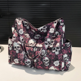 Gothic Skull Floral Print Faux Leather Handbag Edgy Medium Size Tote Bag for Casual Statement Streetwear