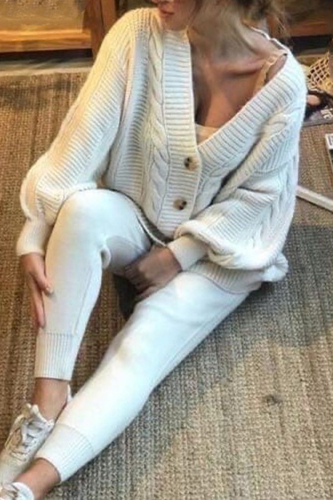 White Cable Knit Two Piece Pant Set Casual Deep V Neck Batwing Sleeve Off Shoulder Button-Up Cardigan and Tapered Trousers