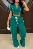 Green Short Sleeve Zip-Up Crop Top and Drawstring Wide Leg Pants Athleisure Outfit Casual Sporty Two Piece Sweatpant Set