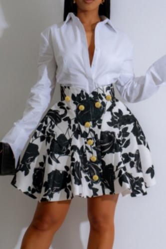 White Deep V-Neck Shirt with Floral High Waist Button Detail Mini Skirt Set for Party