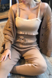 White Cable Knit Two Piece Pant Set Casual Deep V Neck Batwing Sleeve Off Shoulder Button-Up Cardigan and Tapered Trousers