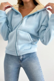 Beige Long Sleeve Zipper Front Pockets Hooded Sweatshirt Fleece Cardigan Jacket