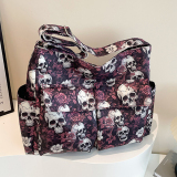 Gothic Skull Floral Print Faux Leather Handbag Edgy Medium Size Tote Bag for Casual Statement Streetwear