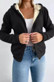 Beige Long Sleeve Zipper Front Pockets Hooded Sweatshirt Fleece Cardigan Jacket