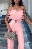 White Sleeveless Strapless Feather Trim Party Jumpsuit with Belted Waist Glamorous Wide Leg Evening Outfit