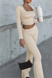 Beige Square Neck Long Sleeve Ruched Crop Top and High Waist Flared Pants Casual Streetwear Outfit Slim Fit Two Piece Trouser Set