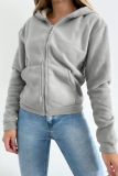 Beige Long Sleeve Zipper Front Pockets Hooded Sweatshirt Fleece Cardigan Jacket