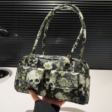 Gothic Skull Floral Print Faux Leather Handbag Edgy Medium Size Tote Bag for Casual Statement Streetwear