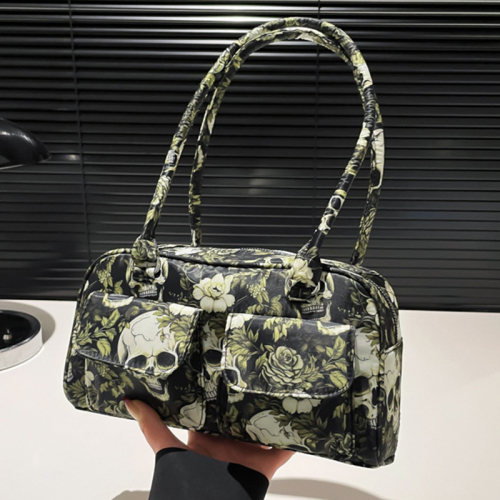 Gothic Skull Floral Print Faux Leather Handbag Edgy Medium Size Tote Bag for Casual Statement Streetwear