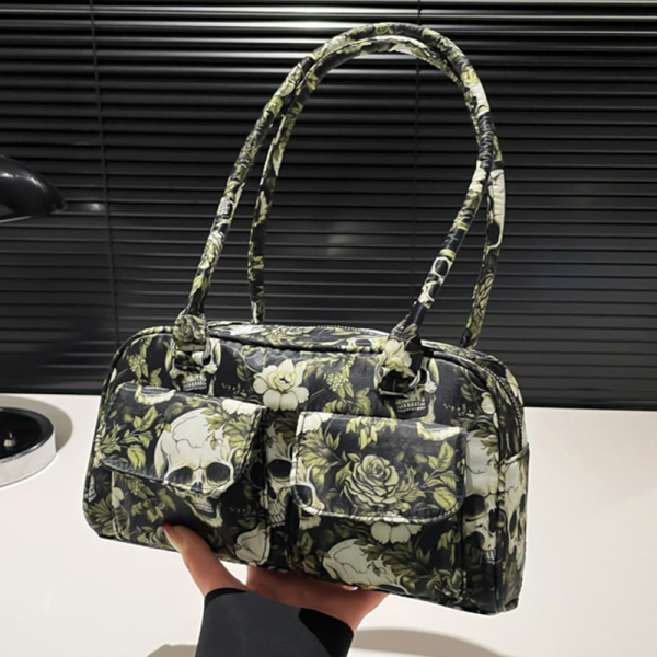 Gothic Skull Floral Print Faux Leather Handbag Edgy Medium Size Tote Bag for Casual Statement Streetwear