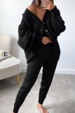 White Cable Knit Two Piece Pant Set Casual Deep V Neck Batwing Sleeve Off Shoulder Button-Up Cardigan and Tapered Trousers