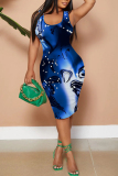 Brown Abstract Print Sleeveless Scoop Neck Party Clubwear Bodycon Midi Dress