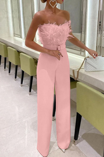 White Sleeveless Strapless Feather Trim Party Jumpsuit with Belted Waist Glamorous Wide Leg Evening Outfit