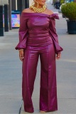 Burgundy Off-Shoulder Puff Sleeves Leather Top and Wide-Leg Pants Party Outfit Two Piece Trouser Set
