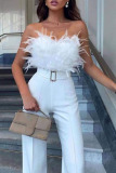 White Sleeveless Strapless Feather Trim Party Jumpsuit with Belted Waist Glamorous Wide Leg Evening Outfit