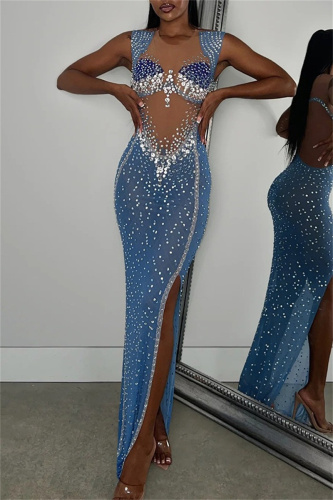Blue Rhinestone Embellished Sheer Maxi Dress High Slit Cutout Detail Sleeveless Bodycon Evening Party Gown