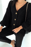 White Cable Knit Two Piece Pant Set Casual Deep V Neck Batwing Sleeve Off Shoulder Button-Up Cardigan and Tapered Trousers