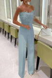 White Sleeveless Strapless Feather Trim Party Jumpsuit with Belted Waist Glamorous Wide Leg Evening Outfit