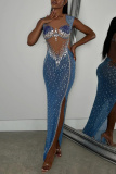 Blue Rhinestone Embellished Sheer Maxi Dress High Slit Cutout Detail Sleeveless Bodycon Evening Party Gown