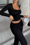 Beige Square Neck Long Sleeve Ruched Crop Top and High Waist Flared Pants Casual Streetwear Outfit Slim Fit Two Piece Trouser Set