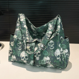 Gothic Skull Floral Print Faux Leather Handbag Edgy Medium Size Tote Bag for Casual Statement Streetwear