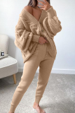 White Cable Knit Two Piece Pant Set Casual Deep V Neck Batwing Sleeve Off Shoulder Button-Up Cardigan and Tapered Trousers