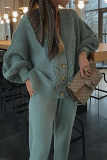 White Cable Knit Two Piece Pant Set Casual Deep V Neck Batwing Sleeve Off Shoulder Button-Up Cardigan and Tapered Trousers