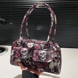 Gothic Skull Floral Print Faux Leather Handbag Edgy Medium Size Tote Bag for Casual Statement Streetwear