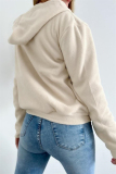 Beige Long Sleeve Zipper Front Pockets Hooded Sweatshirt Fleece Cardigan Jacket