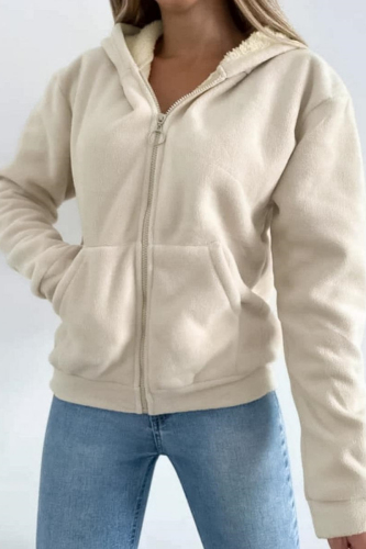 Beige Long Sleeve Zipper Front Pockets Hooded Sweatshirt Fleece Cardigan Jacket