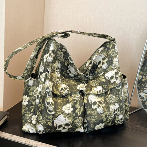 Gothic Skull Floral Print Faux Leather Handbag Edgy Medium Size Tote Bag for Casual Statement Streetwear