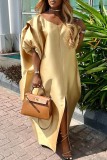 Earthy Yellow Emulation Silk Round Neck Half Lantern Sleeve Loose Fit Slit Maxi Dresses