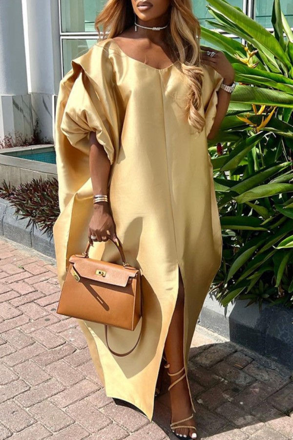 Earthy Yellow Emulation Silk Round Neck Half Lantern Sleeve Loose Fit Slit Maxi Dresses