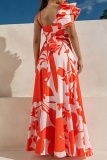 Orange Vacation Floral Print Hollow Out Backless Spaghetti Strap Sleeveless  Cami Tops and A Line Long Skirt Two Pieces Matching Sets