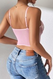Pink Sexy Hot Ditsy Floral Patchwork Backless Slim Fit Spaghetti Strap Cami Tops