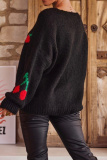 Black Cherry Embroidered Tie Front Cardigan Sweater Loose Fit Long Sleeve Knitwear