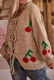 Black Cherry Embroidered Tie Front Cardigan Sweater Loose Fit Long Sleeve Knitwear