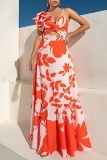 Orange Vacation Floral Print Hollow Out Backless Spaghetti Strap Sleeveless  Cami Tops and A Line Long Skirt Two Pieces Matching Sets