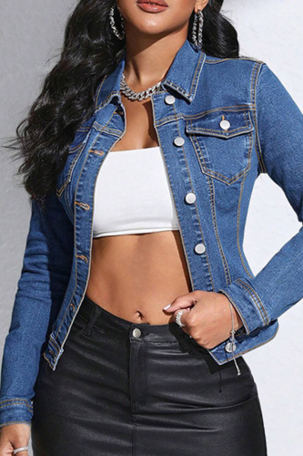 Blue Casual Sexy Solid Color Pocket Buckle Patchwork Turndown Collar Long Sleeve Bodycon Slim Fit Denim Jacket