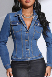 Blue Casual Sexy Solid Color Pocket Buckle Patchwork Turndown Collar Long Sleeve Bodycon Slim Fit Denim Jacket