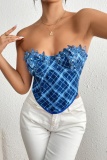 Blue Sexy Hot Plaid Print Cut Out Patchwork Backless Sleeveless Butterfly Slim Fit Spaghetti Strap Camis Tops
