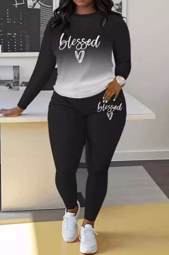Black Casual Daily Gradient Print Letter Blessed Print Basic Round Neck Long Sleeve Tops And Slim Fit Pants Matching Sets Two Pieces Sweatsuits