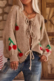 Black Cherry Embroidered Tie Front Cardigan Sweater Loose Fit Long Sleeve Knitwear