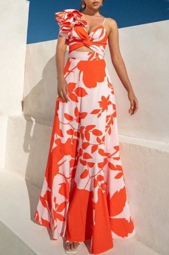 Orange Vacation Floral Print Hollow Out Backless Spaghetti Strap Sleeveless  Cami Tops and A Line Long Skirt Two Pieces Matching Sets