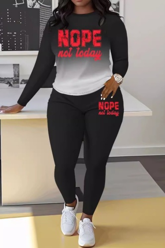Red Gradient Letter Print Basic Round Neck Long Sleeve Tops and Slim Fit Pants Matching Sets Two Pieces Sweatsuits