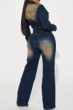 Dark Blue Turndown Collar Long Sleeve Pocket Buckle Belt Straight Leg Denim Jumpsuits