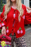 Black Cherry Embroidered Tie Front Cardigan Sweater Loose Fit Long Sleeve Knitwear
