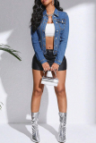 Blue Casual Sexy Solid Color Pocket Buckle Patchwork Turndown Collar Long Sleeve Bodycon Slim Fit Denim Jacket